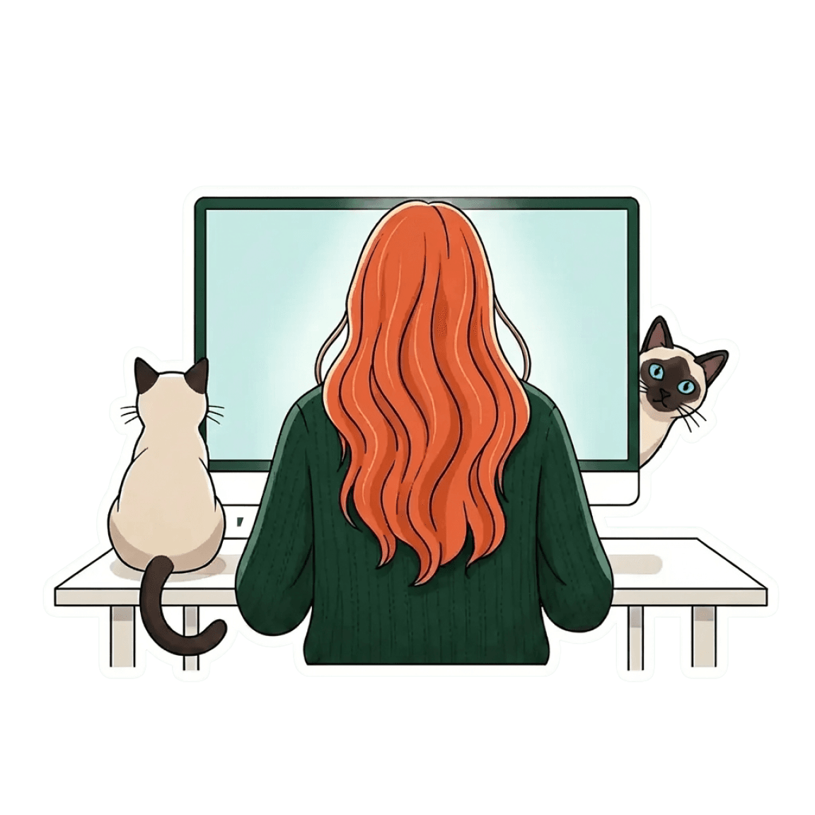 Illustration of a designer with long red hair working at a desk with a cat